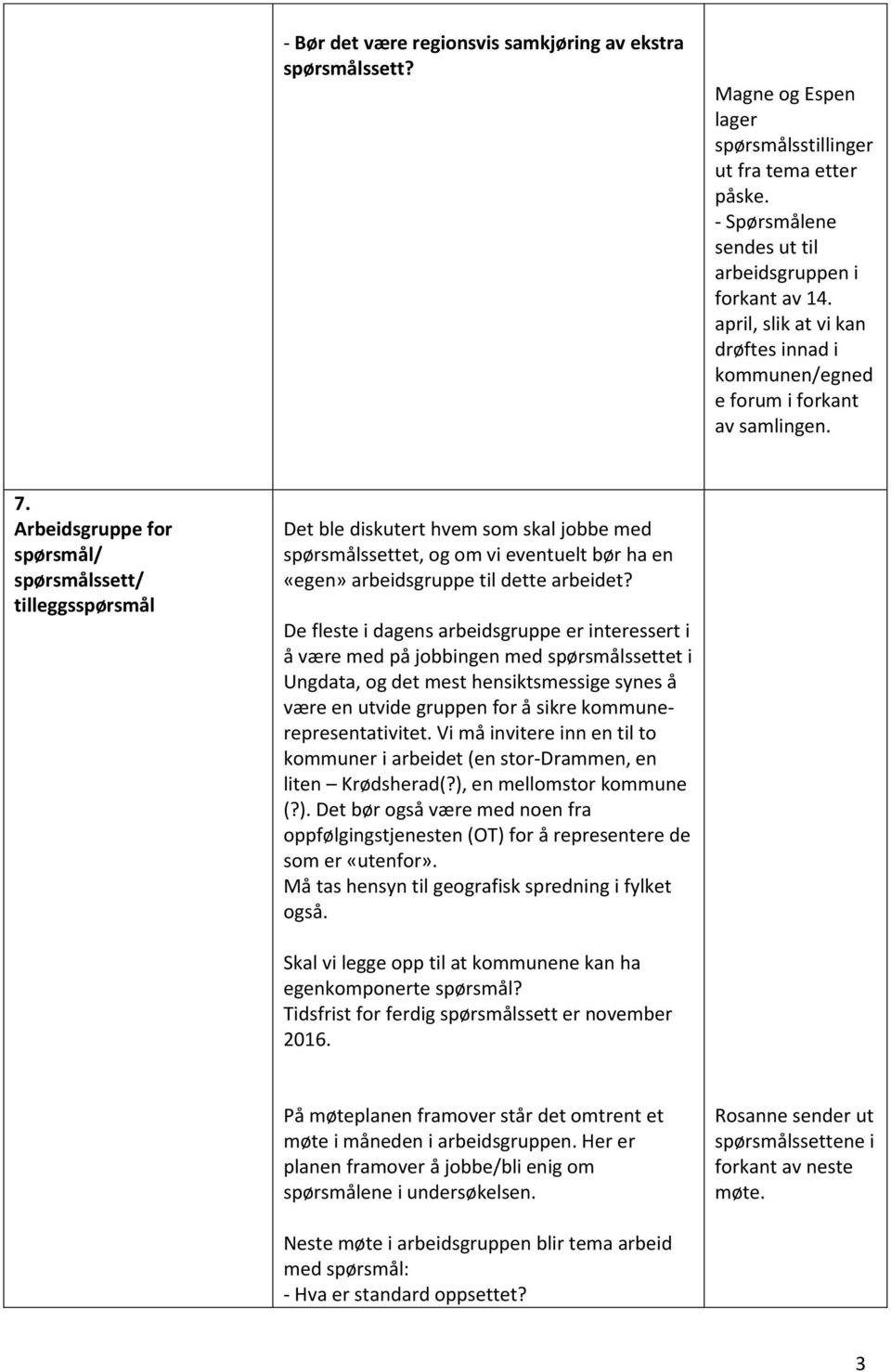 Arbeidsgruppe for spørsmål/ spørsmålssett/ tilleggsspørsmål Det ble diskutert hvem som skal jobbe med spørsmålssettet, og om vi eventuelt bør ha en «egen» arbeidsgruppe til dette arbeidet?