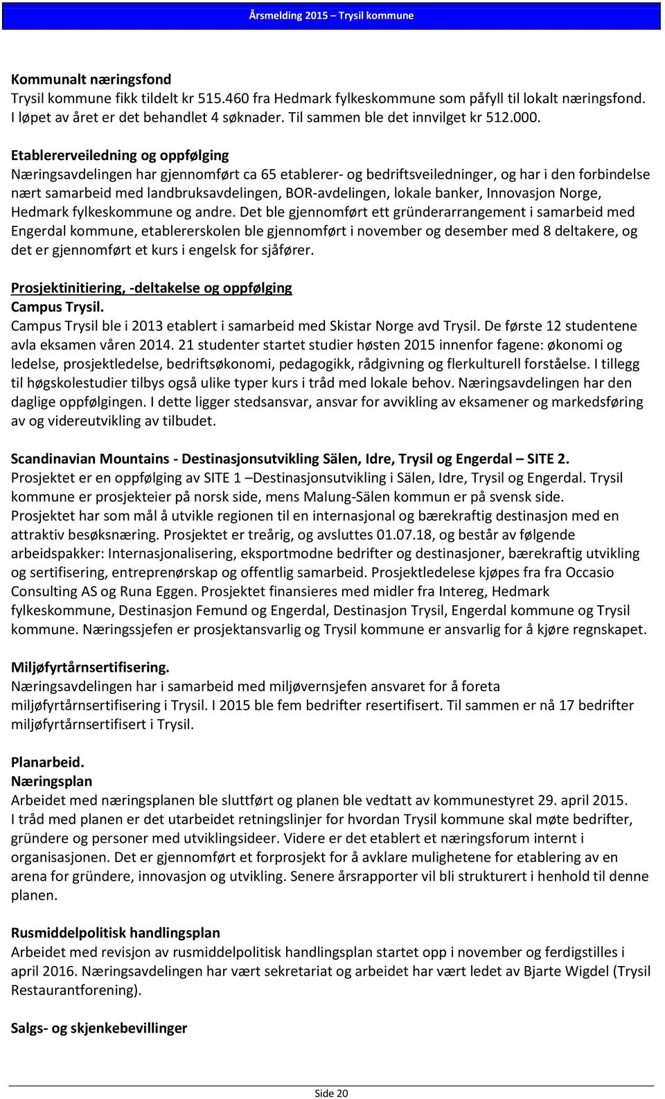 Etablererveiledning og oppfølging Næringsavdelingen har gjennomført ca 65 etablerer- og bedriftsveiledninger, og har i den forbindelse nært samarbeid med landbruksavdelingen, BOR-avdelingen, lokale