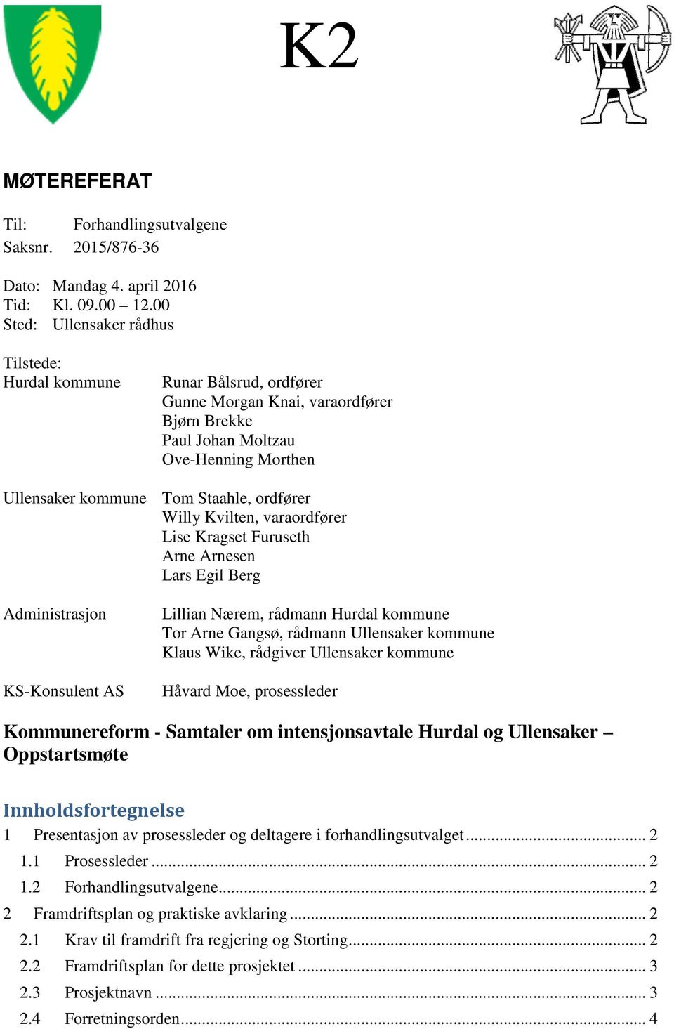 ordfører Willy Kvilten, varaordfører Lise Kragset Furuseth Arne Arnesen Lars Egil Berg Administrasjon KS-Konsulent AS Lillian Nærem, rådmann Hurdal kommune Tor Arne Gangsø, rådmann Ullensaker kommune