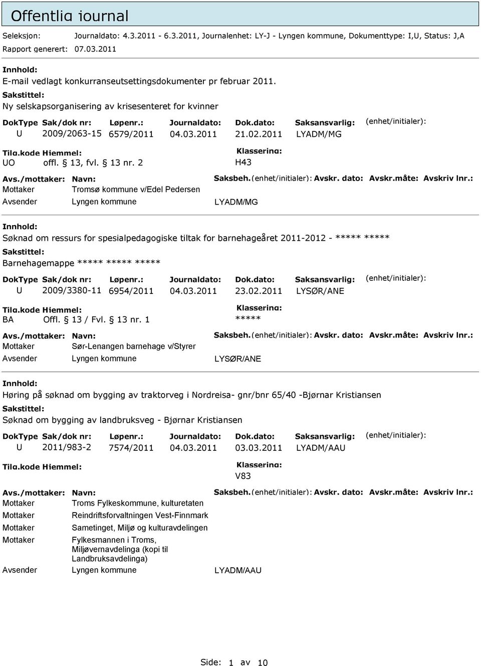 : Tromsø kommune v/edel Pedersen LYADM/MG Søknad om ressurs for spesialpedagogiske tiltak for barnehageåret 2011-2012 - Barnehagemappe 2009/3380-11 6954/2011 23.02.2011 LYSØR/ANE BA Offl. 13 / Fvl.