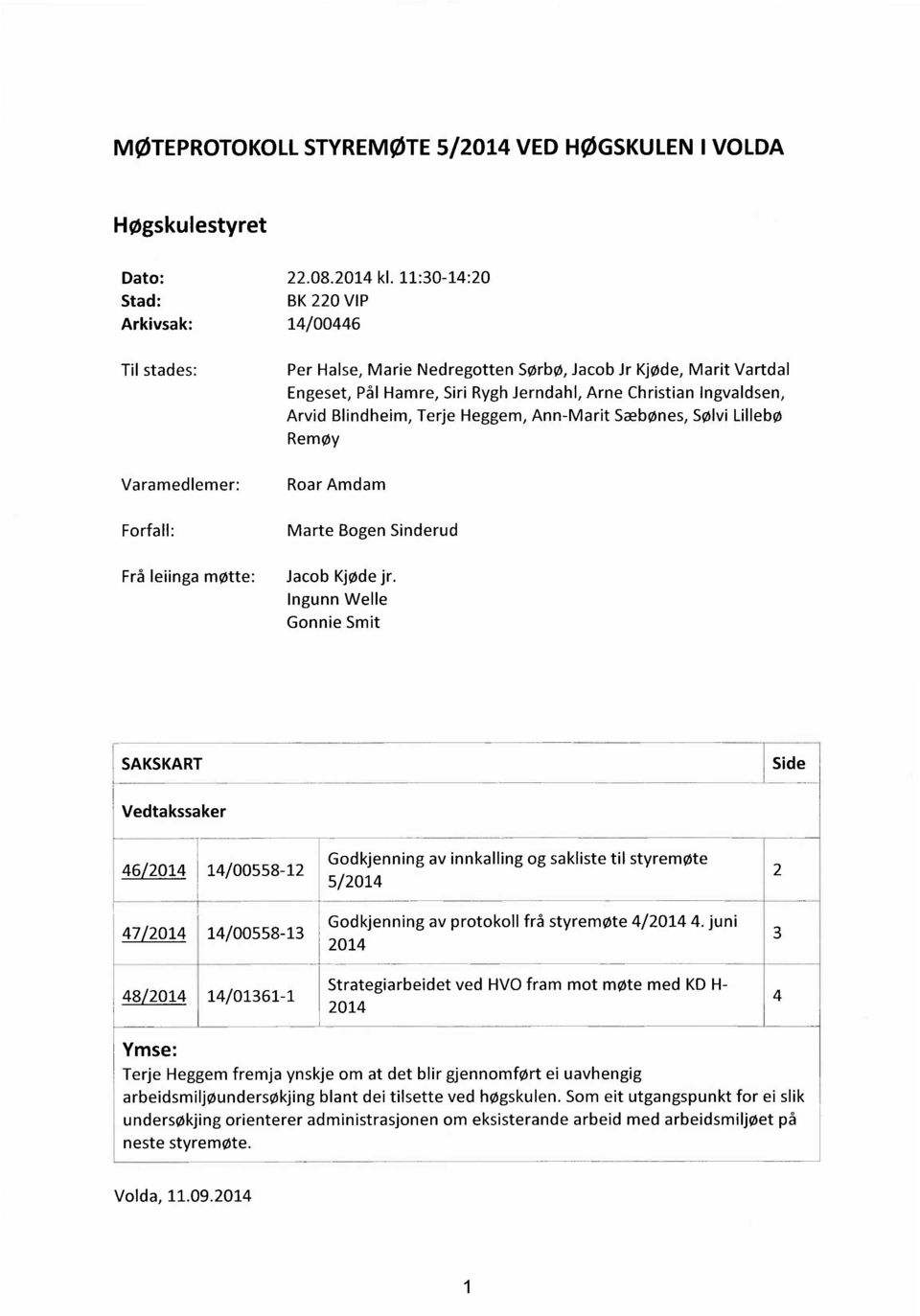 Heggem, Ann-Marit Sæbønes, Sølvi Lillebø Remøy Varamedlemer: Roar Amdam Forfall: Marte Bogen Sinderud Frå leiinga møtte: Jacob Kjøde jr.