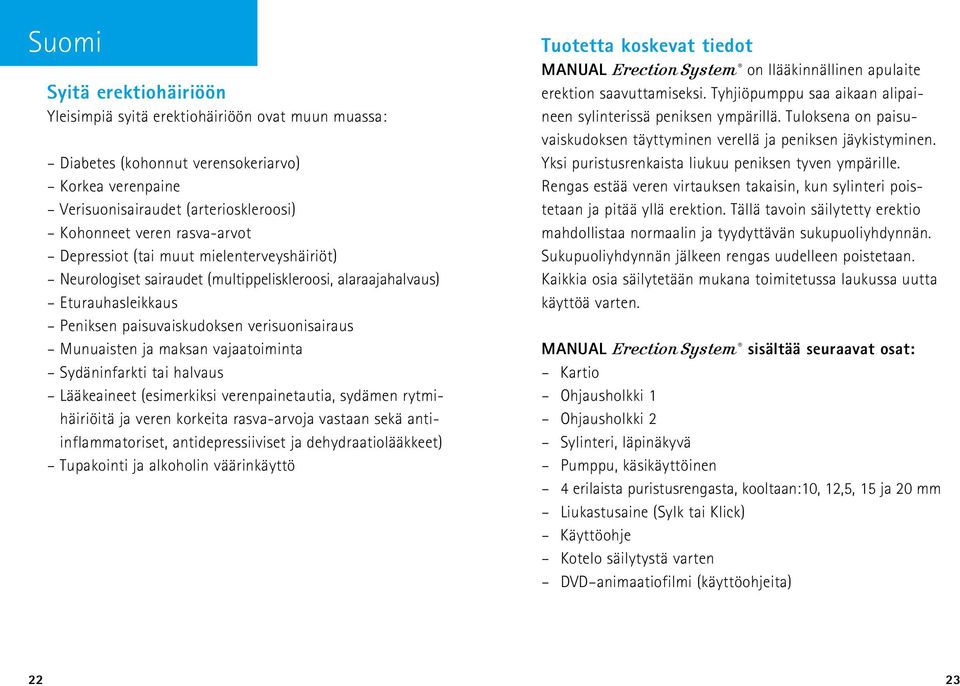 vajaatoiminta Sydäninfarkti tai halvaus Lääkeaineet (esimerkiksi verenpainetautia, sydämen rytmihäiriöitä ja veren korkeita rasva-arvoja vastaan sekä antiinflammatoriset, antidepressiiviset ja