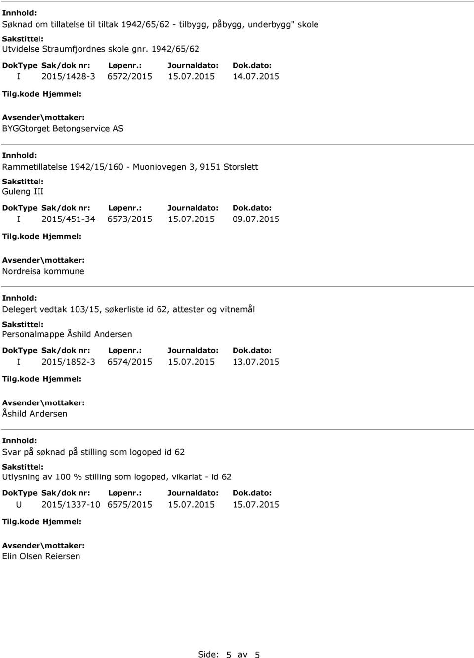 6573/2015 Nordreisa kommune Delegert vedtak 103/15, søkerliste id 62, attester og vitnemål Personalmappe Åshild Andersen 2015/1852-3 6574/2015