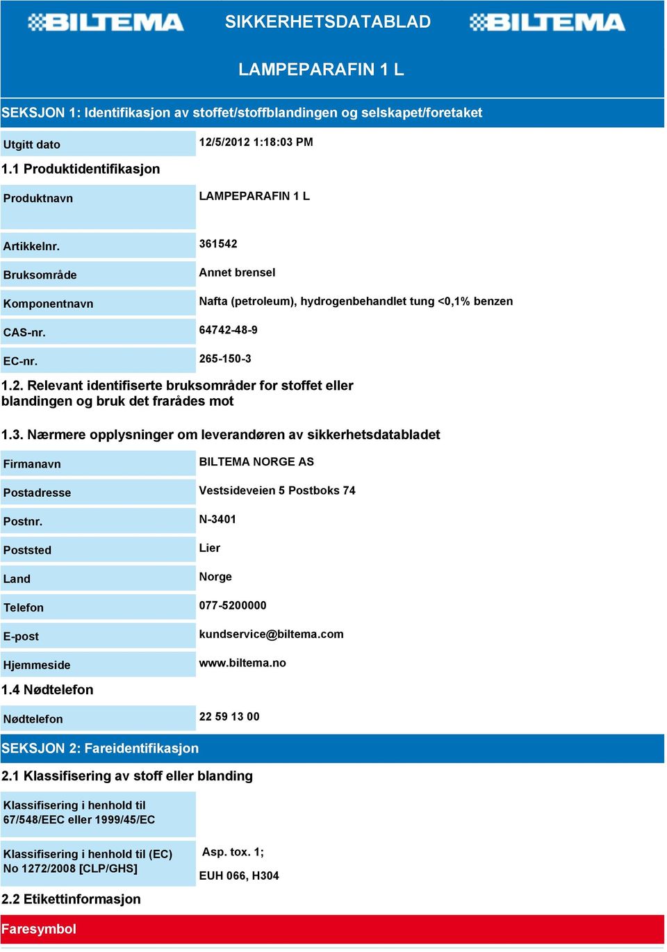 265-150-3 1.2. Relevant identifiserte bruksområder for stoffet eller blandingen og bruk det frarådes mot 1.3. Nærmere opplysninger om leverandøren av sikkerhetsdatabladet Firmanavn BILTEMA NORGE AS Postadresse Vestsideveien 5 Postboks 74 Postnr.