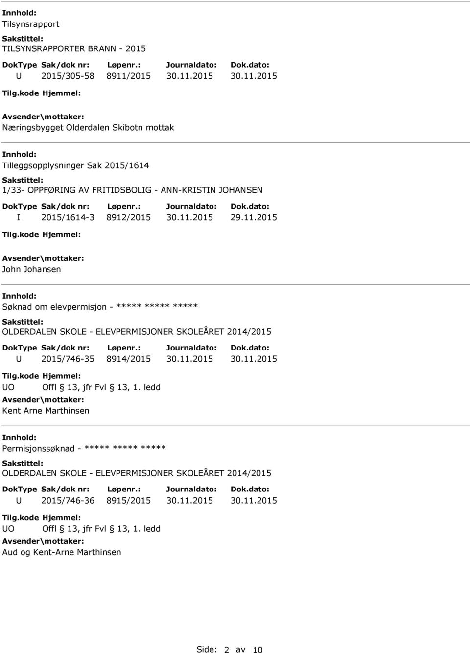 2015 John Johansen Søknad om elevpermisjon - ***** ***** ***** OLDERDALEN SKOLE - ELEVPERMSJONER SKOLEÅRET 2014/2015 2015/746-35