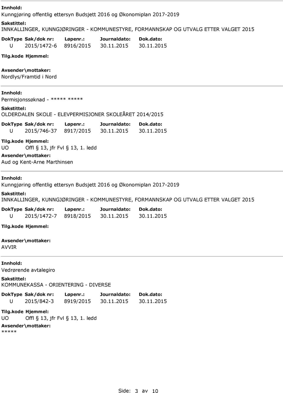 8917/2015 O Aud og Kent-Arne Marthinsen  2015/1472-7 8918/2015 AVVR Vedrørende avtalegiro KOMMNEKASSA - ORENTERNG - DVERSE 2015/842-3 8919/2015 O