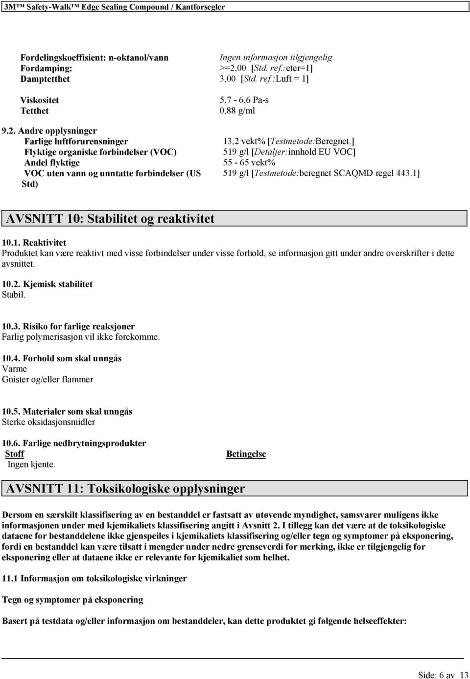 1] Std) AVSNITT 10: Stabilitet og reaktivitet 10.1. Reaktivitet Produktet kan være reaktivt med visse forbindelser under visse forhold, se informasjon gitt under andre overskrifter i dette avsnittet.