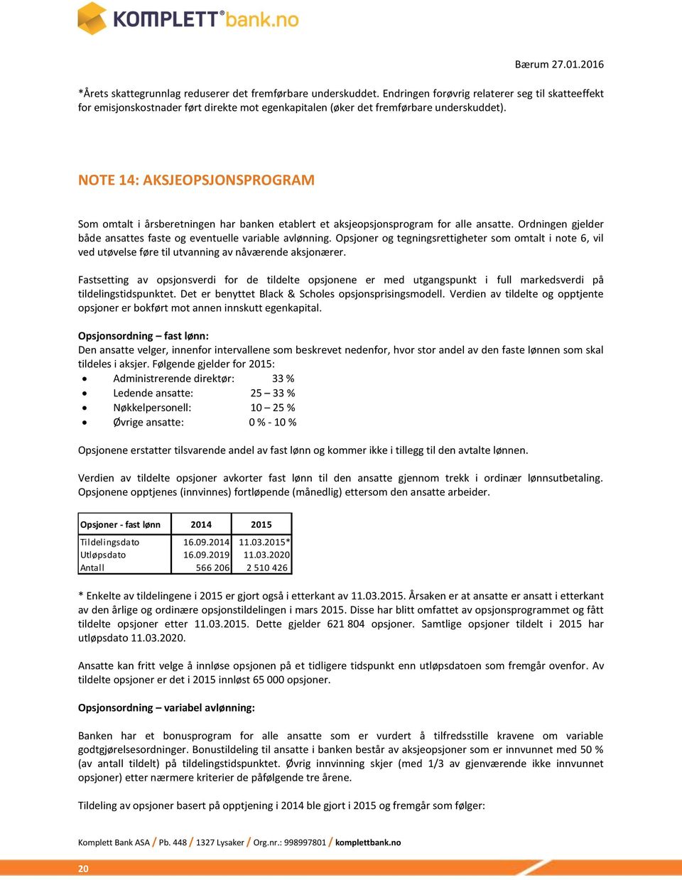 NOTE 14: AKSJEOPSJONSPROGRAM Som omtalt i årsberetningen har banken etablert et aksjeopsjonsprogram for alle ansatte. Ordningen gjelder både ansattes faste og eventuelle variable avlønning.