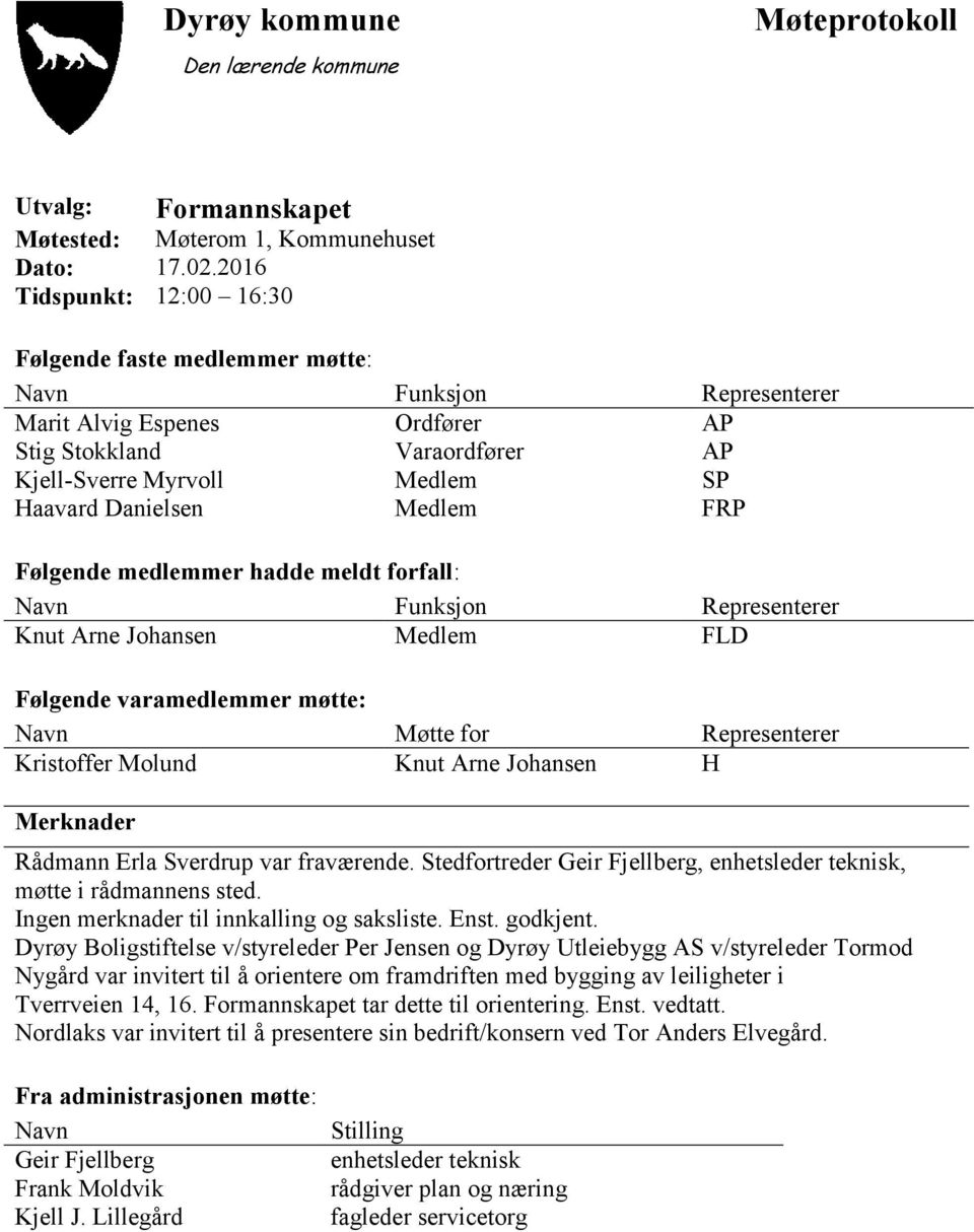 Medlem FRP Følgende medlemmer hadde meldt forfall: Navn Funksjon Representerer Knut Arne Johansen Medlem FLD Følgende varamedlemmer møtte: Navn Møtte for Representerer Kristoffer Molund Knut Arne