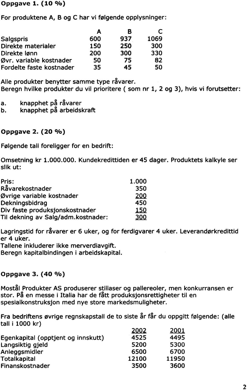 Beregn hvilke prdukter du vil priritere ( sm nr 1, 2 g 3), hvis vi frutsetter: a. b. knapphet pa ravarer knapphet p arbeidskraft Oppgave 2.