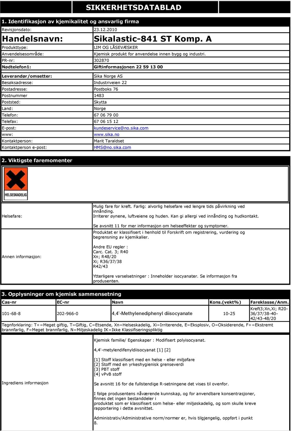 Nødtelefon1: Giftinformasjonen 22 59 13 00 Leverandør/omsetter: Sika Norge AS Besøksadresse: Industriveien 22 Postadresse: Postboks 76 Postnummer 1483 Poststed: Land: Skytta Norge Telefon: 67 06 79