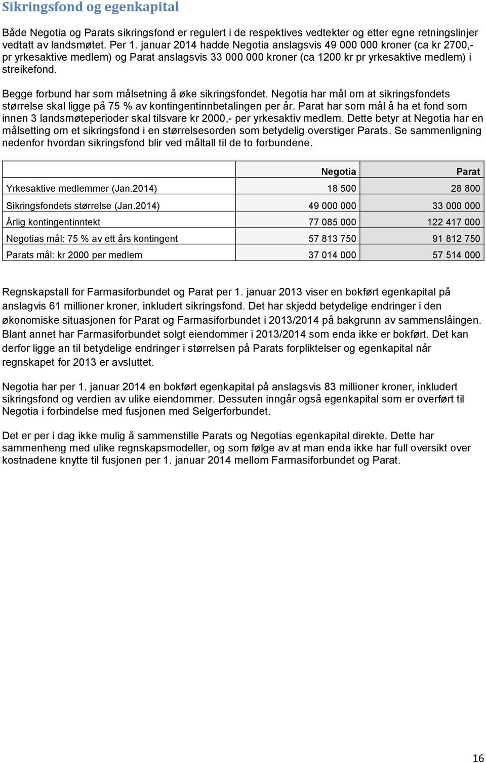 Begge forbund har som målsetning å øke sikringsfondet. Negotia har mål om at sikringsfondets størrelse skal ligge på 75 % av kontingentinnbetalingen per år.