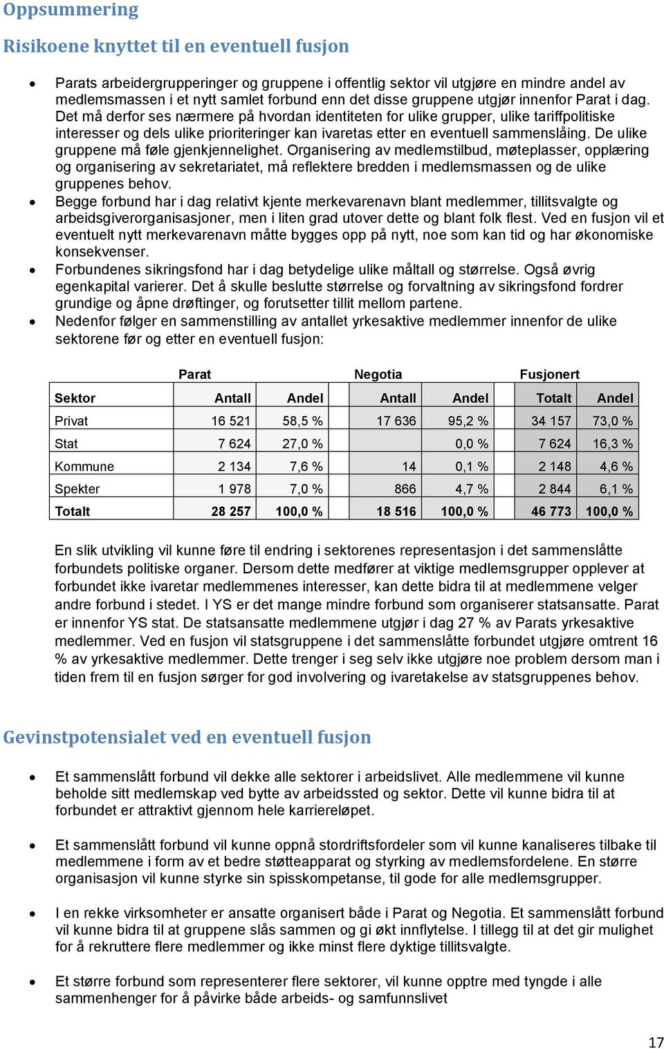 Det må derfor ses nærmere på hvordan identiteten for ulike grupper, ulike tariffpolitiske interesser og dels ulike prioriteringer kan ivaretas etter en eventuell sammenslåing.