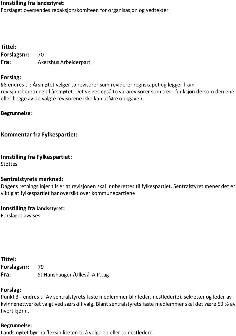 Dagens retningslinjer tilsier at revisjonen skal innberettes til fylkespartiet. Sentralstyret mener det er viktig at fylkespartiet har oversikt over kommunepartiene Forslagsnr: 79 St.