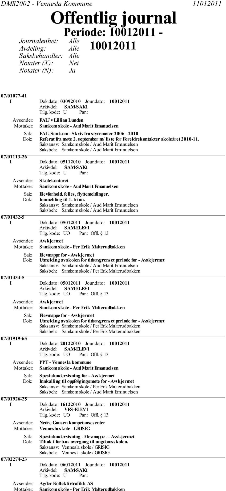 september m/ liste for Foreldrekontakter skoleåret 2010-11. Saksansv: Samkom skole / Aud Marit Emanuelsen 07/01113-26 I Dok.dato: 05112010 Jour.