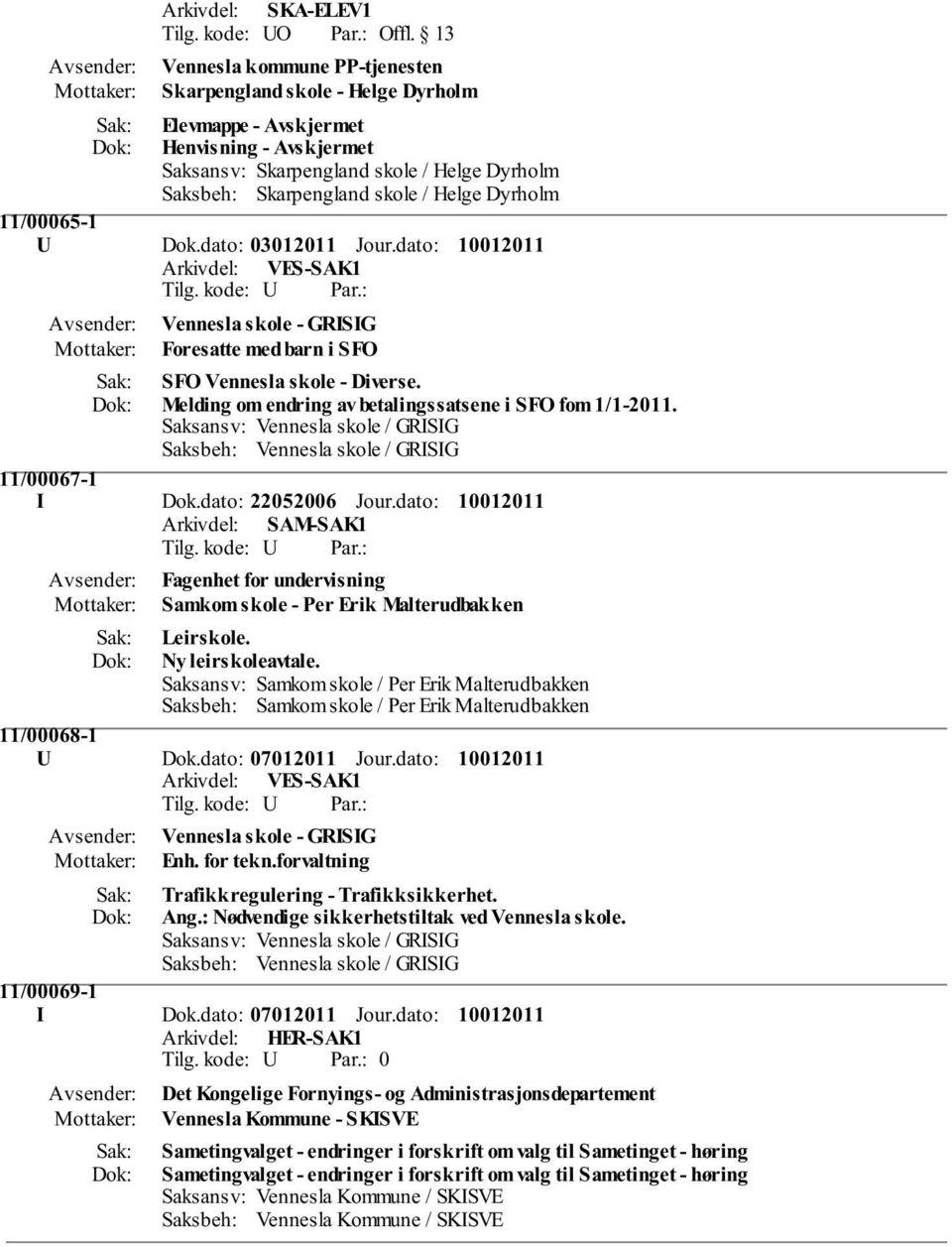 Melding om endring av betalingssatsene i SFO fom 1/1-2011. 11/00067-1 I Dok.dato: 22052006 Jour.dato: Arkivdel: SAM-SAK1 Fagenhet for undervisning Samkom skole - Per Erik Malterudbakken Leirskole.