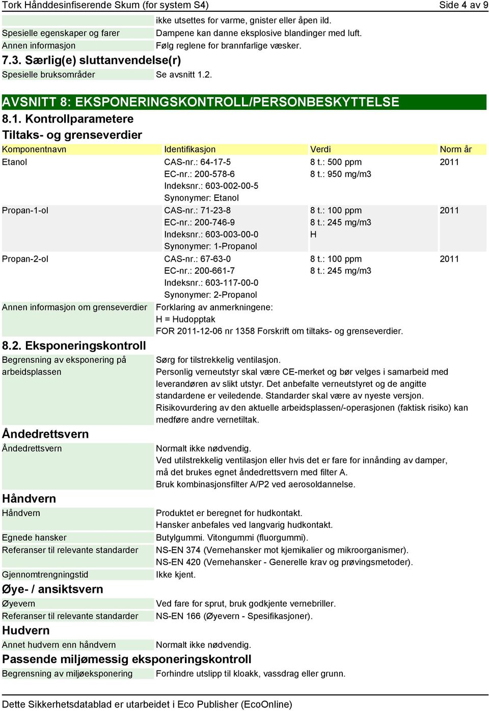 Kontrollparametere Tiltaks- og grenseverdier Komponentnavn Identifikasjon Verdi Norm år Etanol CAS-nr.: 64-17-5 EC-nr.: 200-578-6 Indeksnr.: 603-002-00-5 Synonymer: Etanol Propan-1-ol CAS-nr.