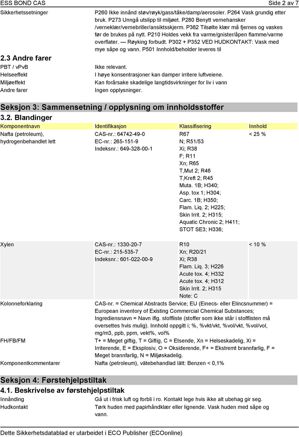 P210 Holdes vekk fra varme/gnister/åpen flamme/varme overflater. Røyking forbudt. P302 + P352 VED HUDKONTAKT: Vask med mye såpe og vann. P501 Innhold/beholder leveres til Ikke relevant.