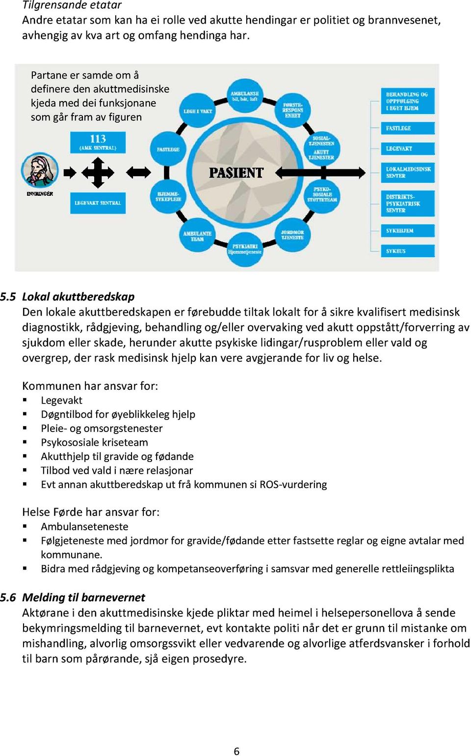 5 Lokal akuttberedskap Den lokale akuttberedskapen er førebudde tiltak lokalt for å sikre kvalifisert medisinsk diagnostikk, rådgjeving, behandling og/eller overvaking ved akutt oppstått/forverring