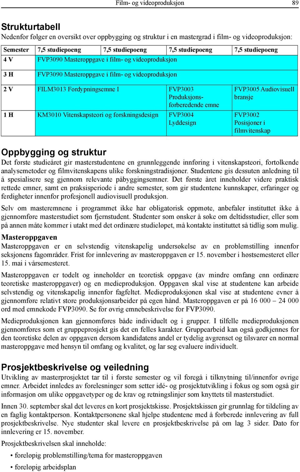 KM3010 Vitenskapsteori og forskningsdesign FVP3004 Lyddesign FVP3005 Audiovisuell bransje FVP3002 Posisjoner i filmvitenskap Oppbygging og struktur Det første studieåret gir masterstudentene en