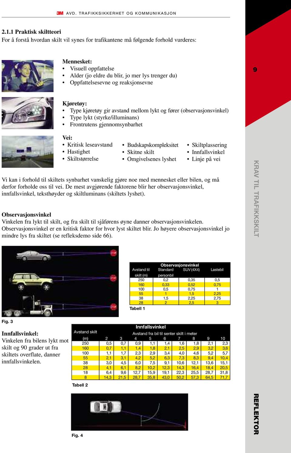 Oppfattelsesevne og reaksjonsevne 9 Kjøretøy: Type kjøretøy gir avstand mellom lykt og fører (observasjonsvinkel) Type lykt (styrke/illuminans) Frontrutens gjennomsynbarhet Vei: Kritisk leseavstand