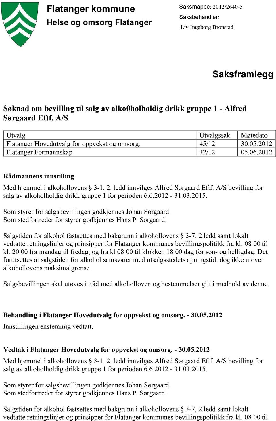 ledd innvilges Alfred Sørgaard Eftf. A/S bevilling for salg av alkoholholdig drikk gruppe 1 for perioden 6.6.2012-31.03.2015. Som styrer for salgsbevillingen godkjennes Johan Sørgaard.