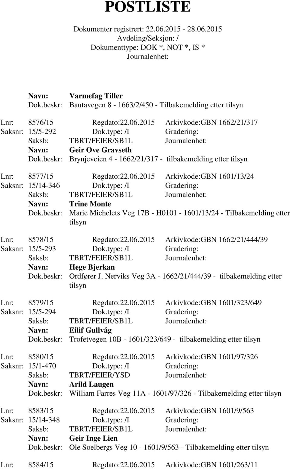 type: /I Gradering: Trine Monte Dok.beskr: Marie Michelets Veg 17B - H0101-1601/13/24 - Tilbakemelding etter tilsyn Lnr: 8578/15 Regdato:22.06.2015 Arkivkode:GBN 1662/21/444/39 Saksnr: 15/5-293 Dok.