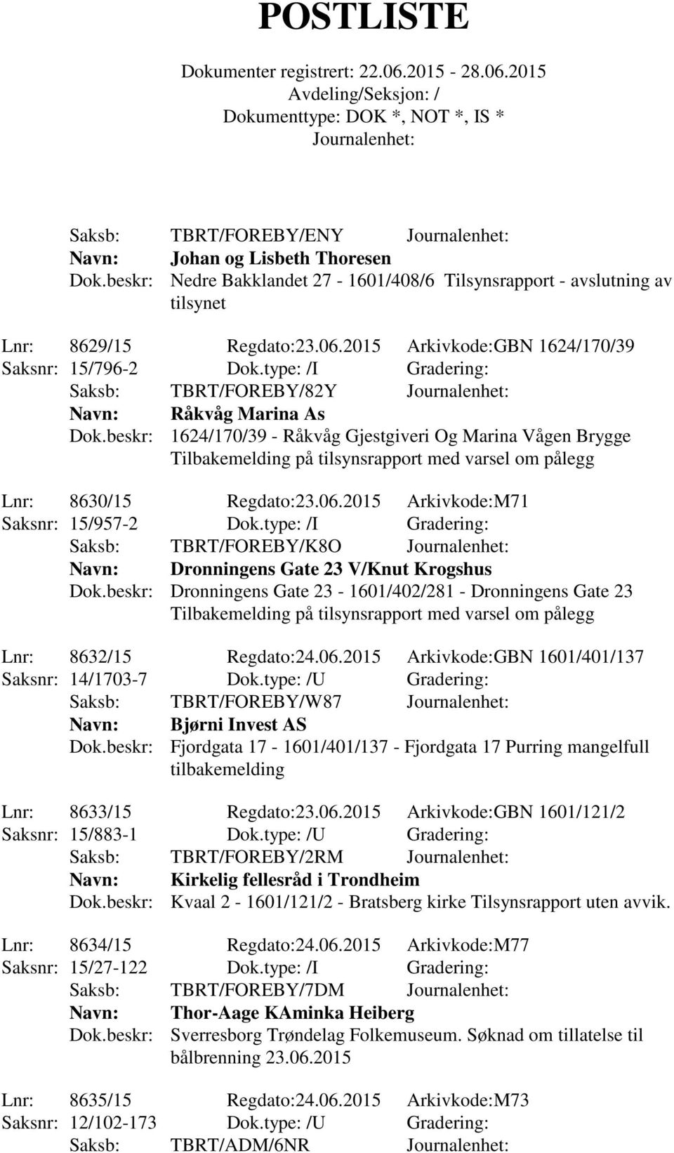 beskr: 1624/170/39 - Råkvåg Gjestgiveri Og Marina Vågen Brygge Tilbakemelding på tilsynsrapport med varsel om pålegg Lnr: 8630/15 Regdato:23.06.2015 Arkivkode:M71 Saksnr: 15/957-2 Dok.