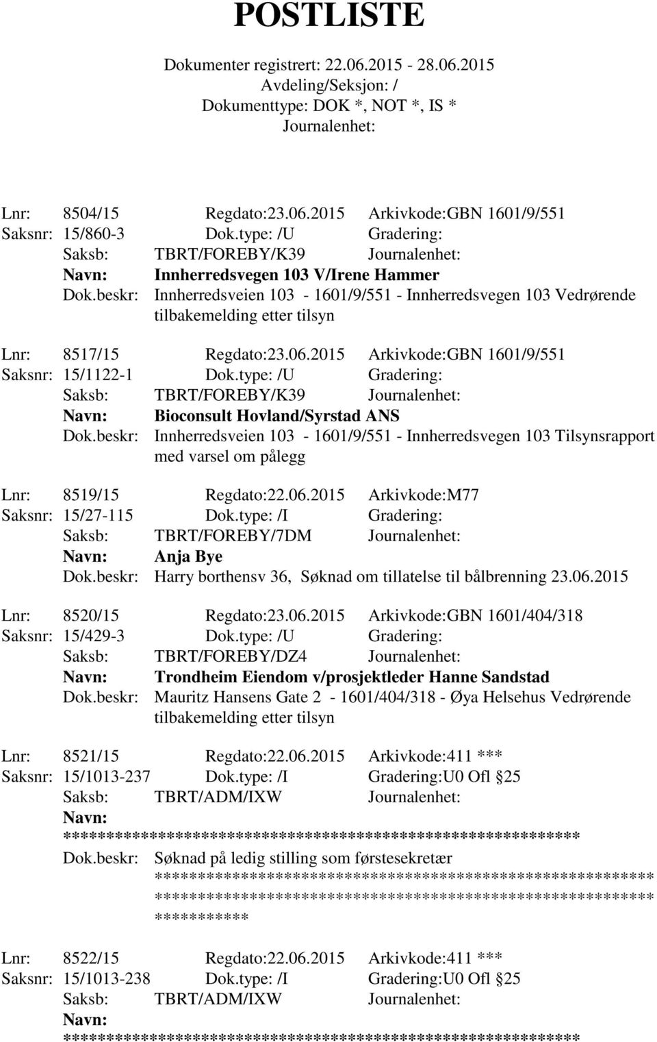 type: /U Gradering: Saksb: TBRT/FOREBY/K39 Bioconsult Hovland/Syrstad ANS Dok.beskr: Innherredsveien 103-1601/9/551 - Innherredsvegen 103 Tilsynsrapport med varsel om pålegg Lnr: 8519/15 Regdato:22.