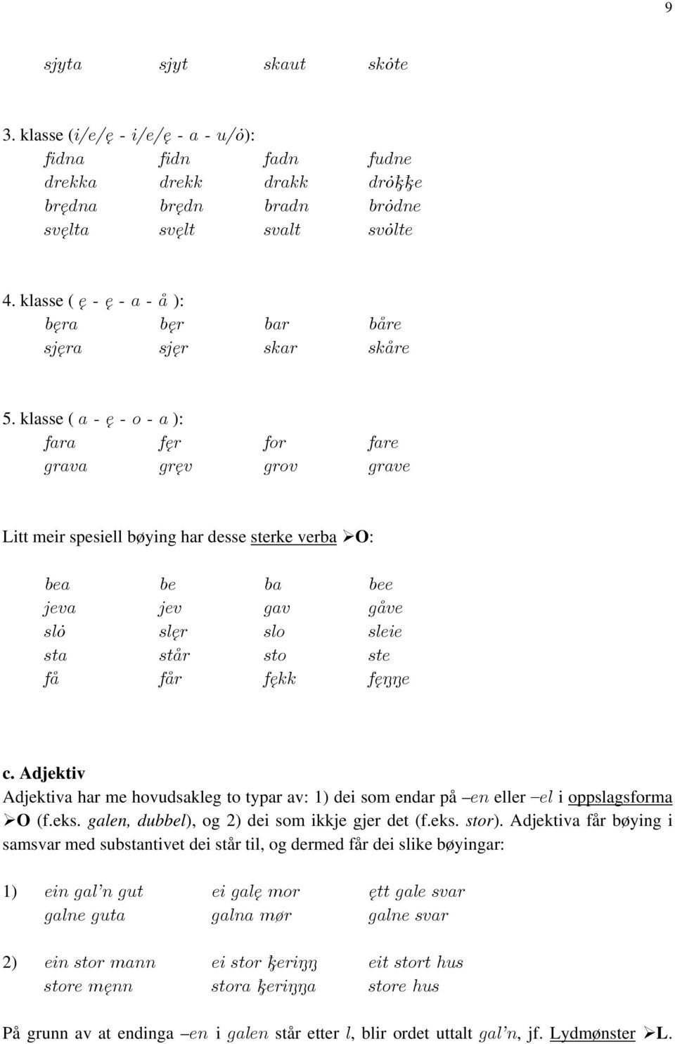 klasse ( a - ę - o - a ): fara fęr for fare grava gręv grov grave Litt meir spesiell bøying har desse sterke verba O: bea be ba bee jeva jev gav gåve slȯ slęr slo sleie sta står sto ste få får fękk
