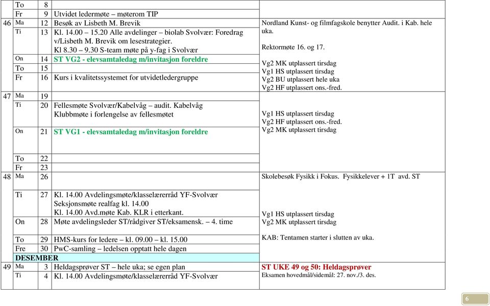 On 14 ST VG2 - elevsamtaledag m/invitasjon foreldre To 15 Fr 16 Kurs i kvalitetssystemet for utvidetledergruppe Vg2 BU utplassert hele uka 47 Ma 19 Ti On 20 Fellesmøte Svolvær/Kabelvåg audit.