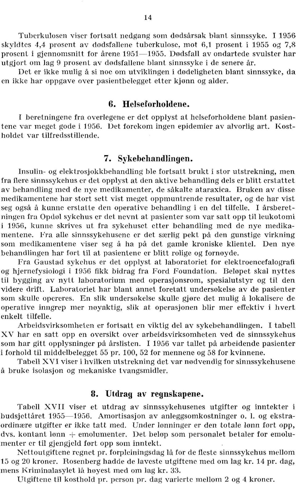 Det er ikke mulig d si noe om utviklingen i dødeligheten blant sinnssyke, da en ikke har oppgave over pasientbelegget etter kjønn og alder. 6. Helseforholdene.