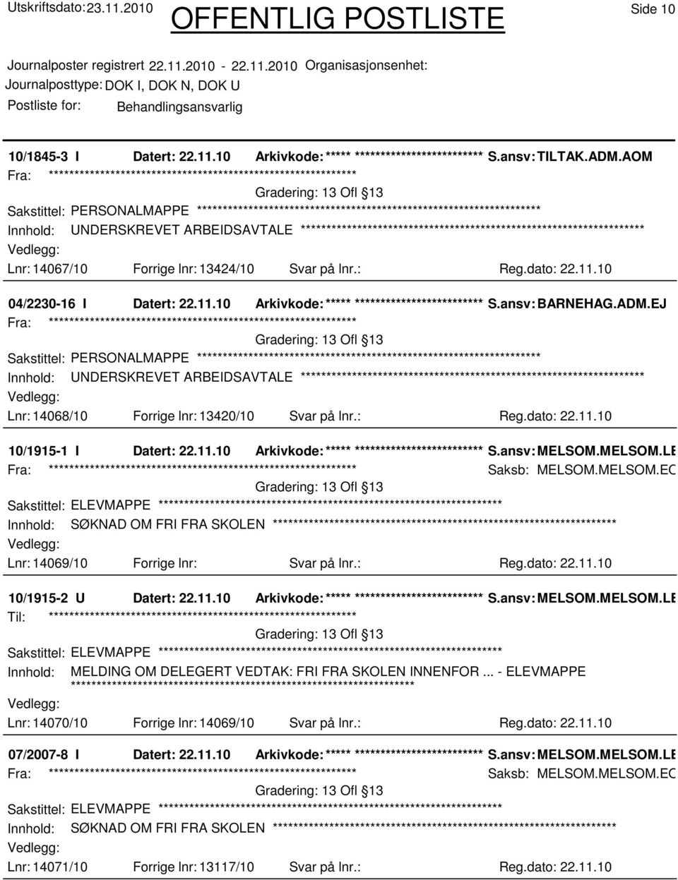 ansv: BARNEHAG.ADM.EJ Sakstittel: PERSONALMAPPE Innhold: UNDERSKREVET ARBEIDSAVTALE Lnr: 14068/10 Forrige lnr: 13420/10 Svar på lnr.: Reg.dato: 22.11.