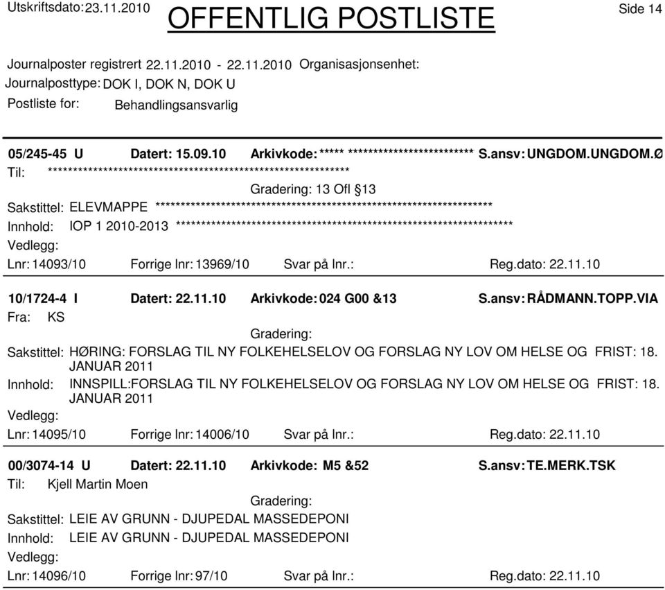 JANUAR 2011 Innhold: INNSPILL:FORSLAG TIL NY FOLKEHELSELOV OG FORSLAG NY LOV OM HELSE OG FRIST: 18. JANUAR 2011 Lnr: 14095/10 Forrige lnr: 14006/10 Svar på lnr.: Reg.dato: 22.11.10 00/3074-14 U Datert: 22.