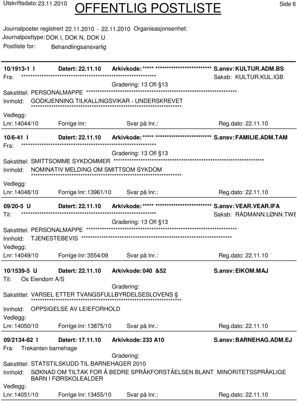 10 10/6-41 I Datert: 22.11.10 Arkivkode:***** ****************************** S.ansv: FAMILIE.ADM.