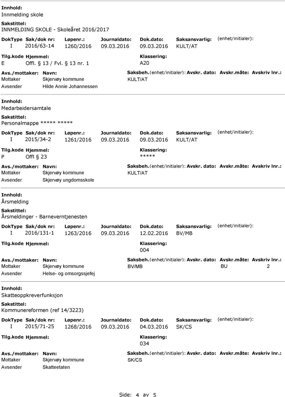 : Skjervøy ungdomsskole Årsmelding Årsmeldinger - Barneverntjenesten 2016/131-1 1263/2016 12.02.2016 004 Avs./mottaker: Navn: Saksbeh. Avskr. dato: Avskr.måte: Avskriv lnr.