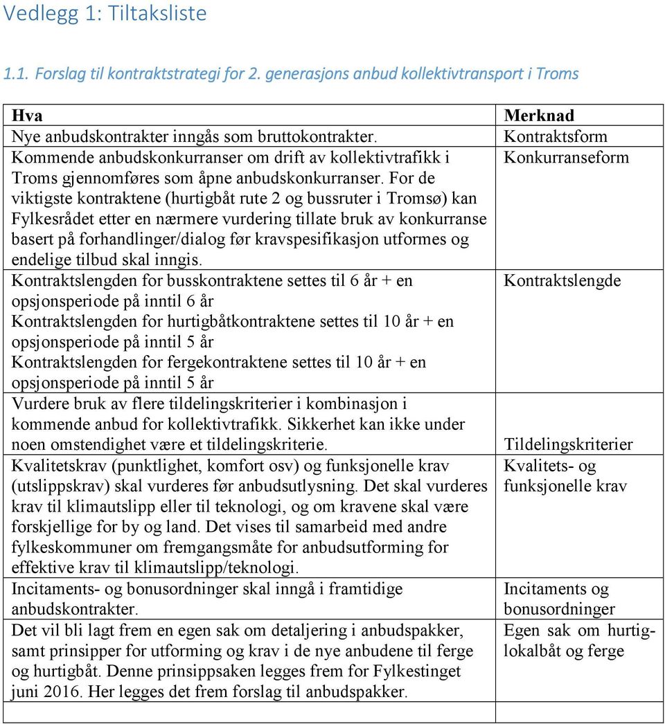 For de viktigste kontraktene (hurtigbåt rute 2 og bussruter i Tromsø) kan Fylkesrådet etter en nærmere vurdering tillate bruk av basert på forhandlinger/dialog før kravspesifikasjon utformes og
