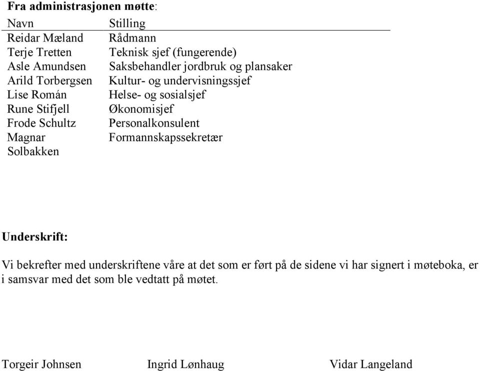 Schultz Personalkonsulent Magnar Formannskapssekretær Solbakken Underskrift: Vi bekrefter med underskriftene våre at det som er ført