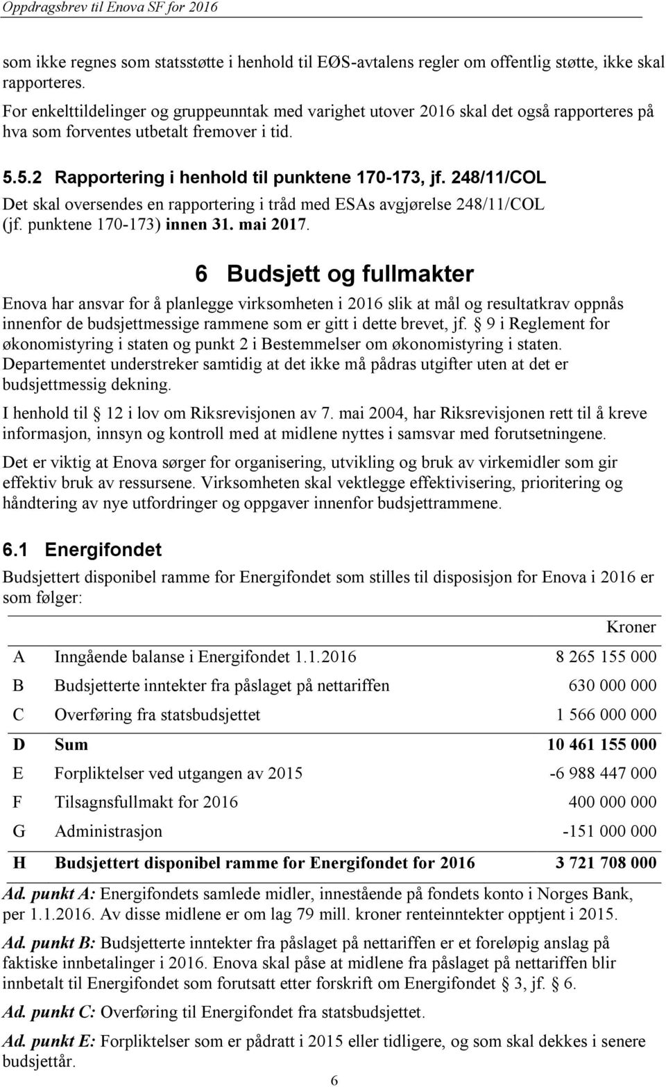 248/11/COL Det skal oversendes en rapportering i tråd med ESAs avgjørelse 248/11/COL (jf. punktene 170-173) innen 31. mai 2017.