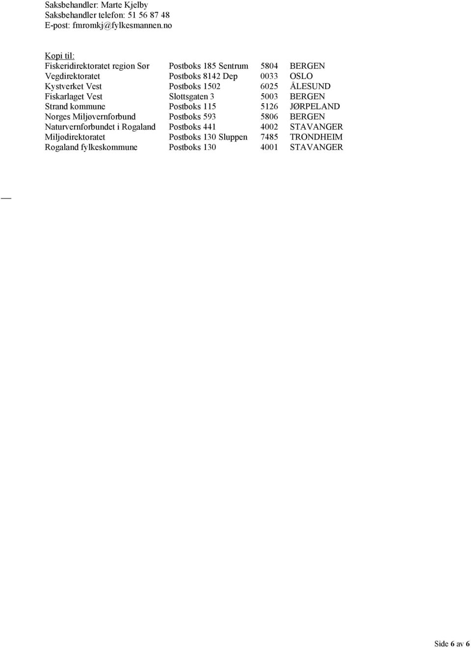 Postboks 1502 6025 ÅLESUND Fiskarlaget Vest Slottsgaten 3 5003 BERGEN Strand kommune Postboks 115 5126 JØRPELAND Norges Miljøvernforbund