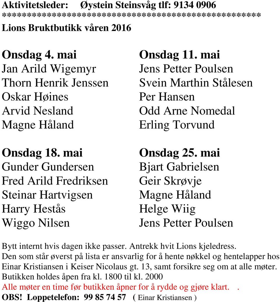 mai Jens Petter Poulsen Svein Marthin Stålesen Per Hansen Odd Arne Nomedal Erling Torvund Onsdag 25.