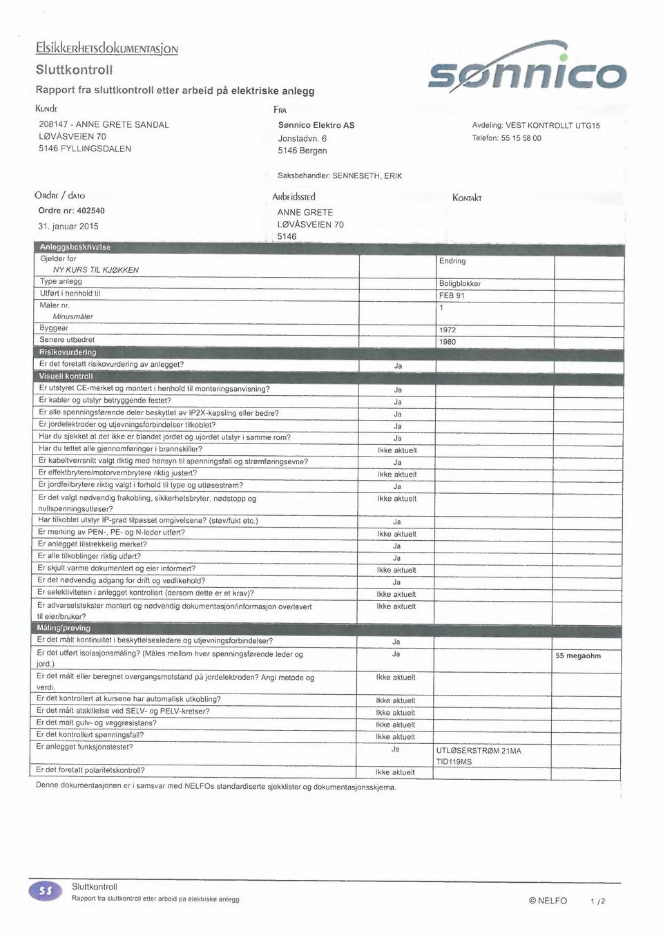 januar 25 Saksbehandler: SENNESETH, ERK Anbf dsstsd ANNE GRETE ØVASVEEN 7 546 KoNTAkT GJelder for NY KURS T KJØKKEN Type anlegg Utført henhold tl Maler nr Mnusmaler Byggedr Senere utbedret Endrng