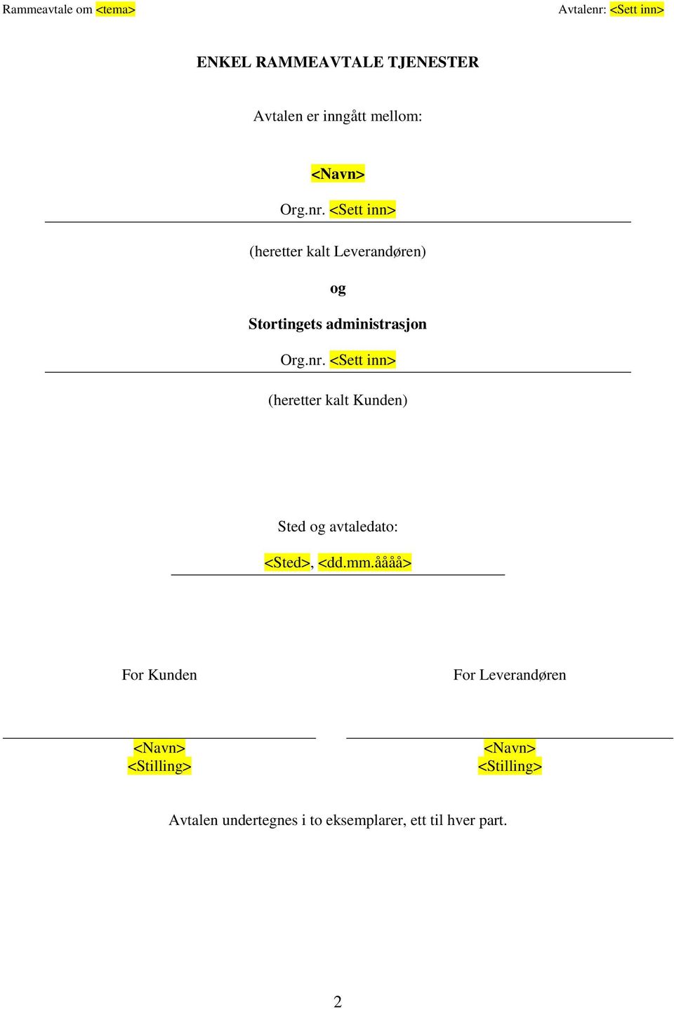 <Sett inn> (heretter kalt Kunden) Sted og avtaledato: <Sted>, <dd.mm.