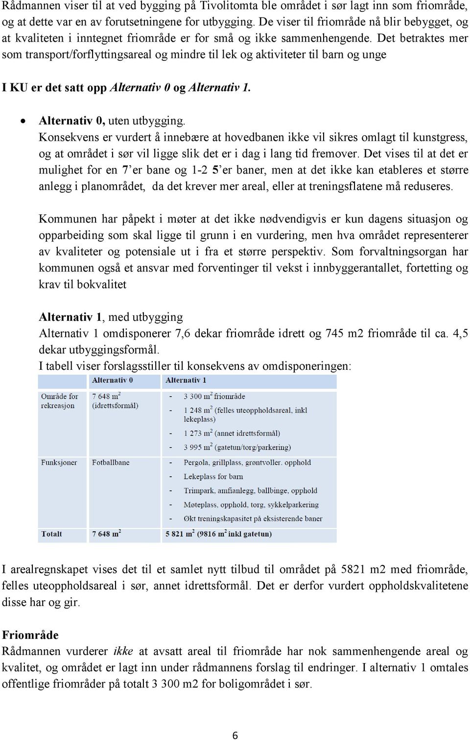 Det betraktes mer som transport/forflyttingsareal og mindre til lek og aktiviteter til barn og unge I KU er det satt opp Alternativ 0 og Alternativ 1. Alternativ 0, uten utbygging.