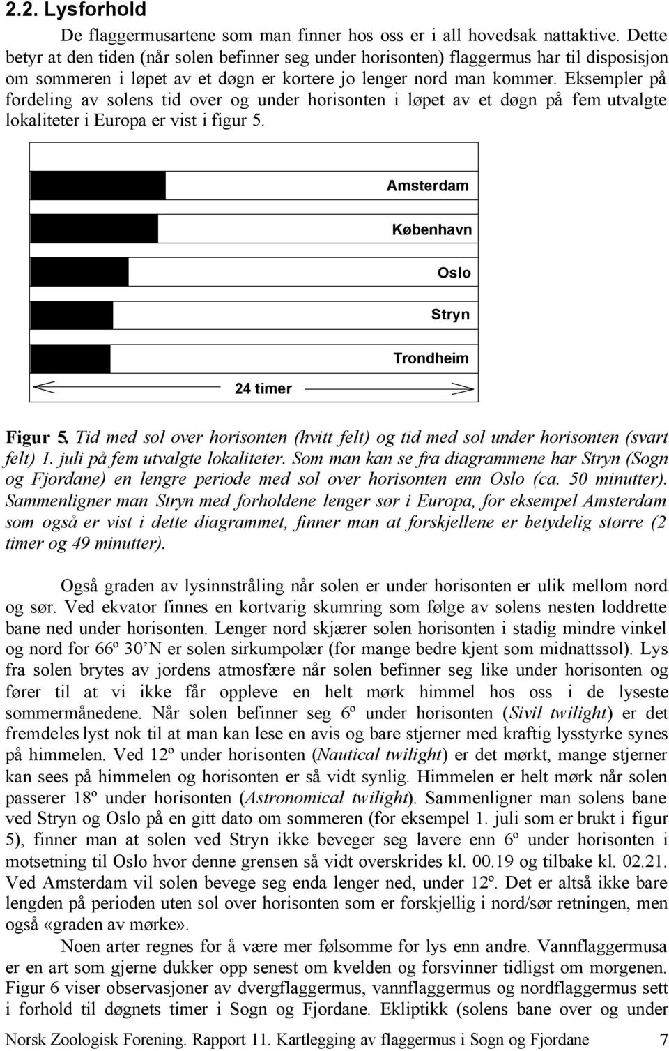 Eksempler på fordeling av solens tid over og under horisonten i løpet av et døgn på fem utvalgte lokaliteter i Europa er vist i figur 5. Amsterdam København Oslo Stryn 24 timer Trondheim Figur 5.