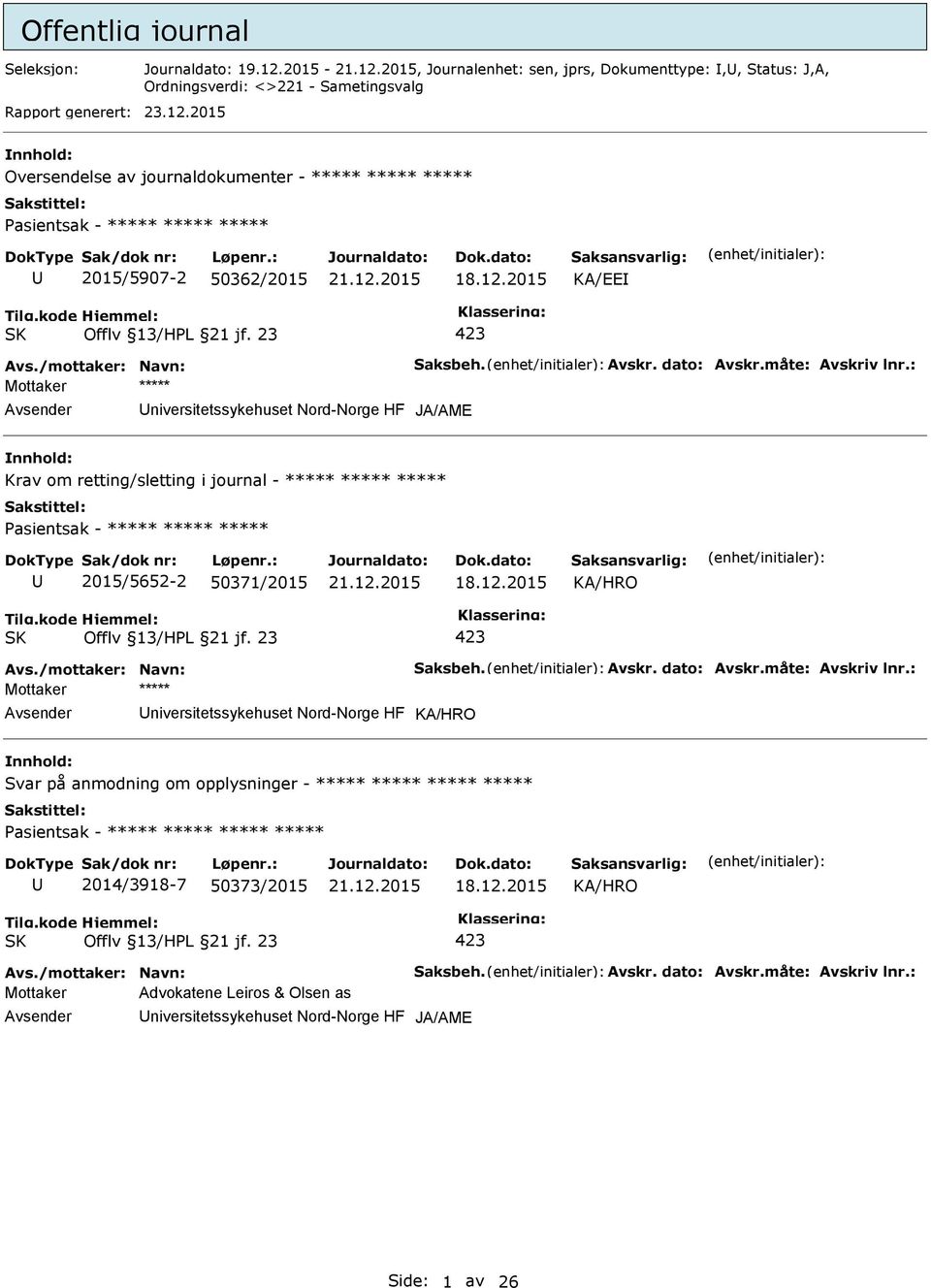 JA/AME Krav om retting/sletting i journal - ***** ***** ***** asientsak - ***** ***** ***** 2015/5652-2 50371/2015 Mottaker ***** niversitetssykehuset Nord-Norge HF Svar på