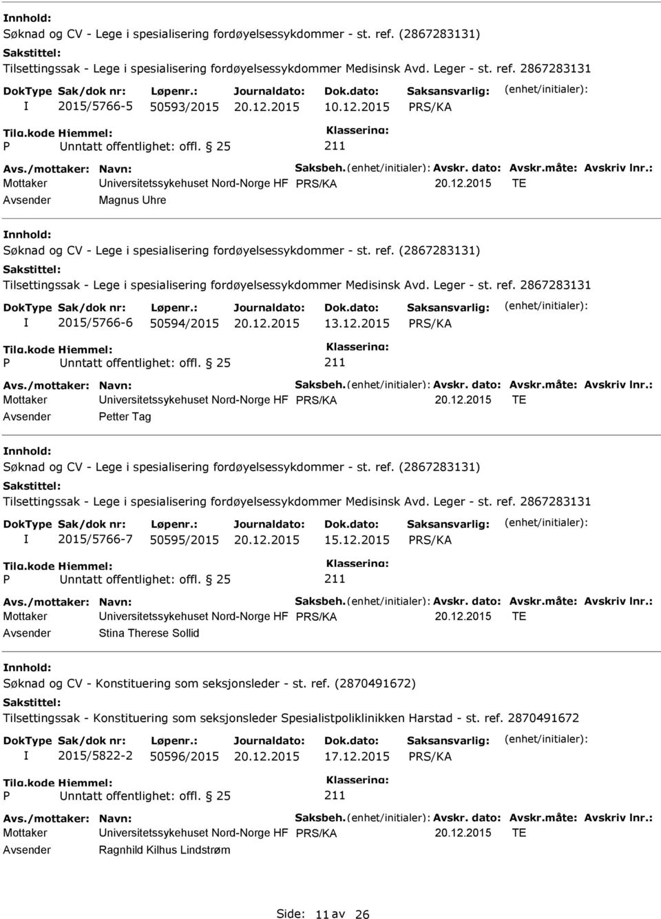 (2867283131) Tilsettingssak - Lege i spesialisering fordøyelsessykdommer Medisinsk Avd. Leger - st. ref. 2867283131 2015/5766-6 50594/2015 20.12.2015 13.12.2015 Mottaker niversitetssykehuset Nord-Norge HF 20.