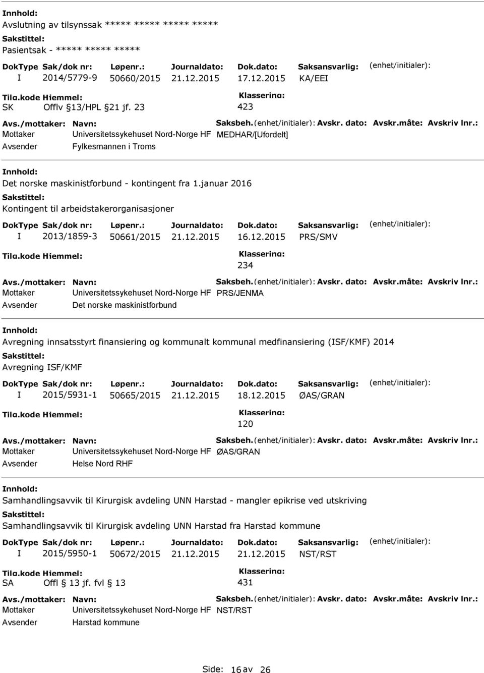 2015 RS/SMV 234 Mottaker niversitetssykehuset Nord-Norge HF RS/JENMA Det norske maskinistforbund Avregning innsatsstyrt finansiering og kommunalt kommunal medfinansiering (SF/KMF) 2014 Avregning