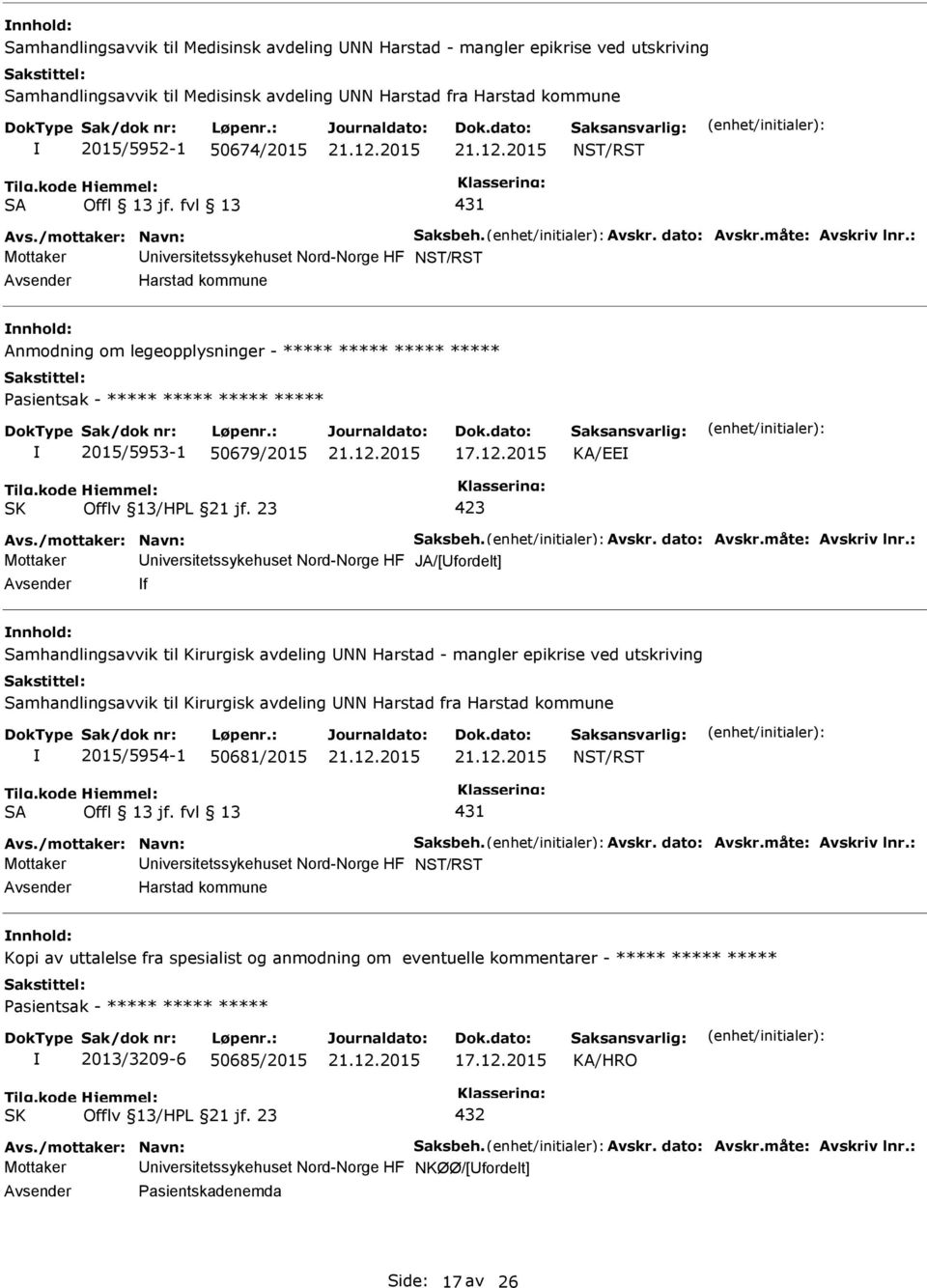 KA/EE Mottaker niversitetssykehuset Nord-Norge HF JA/[fordelt] f Samhandlingsavvik til Kirurgisk avdeling NN Harstad - mangler epikrise ved utskriving Samhandlingsavvik til Kirurgisk avdeling NN