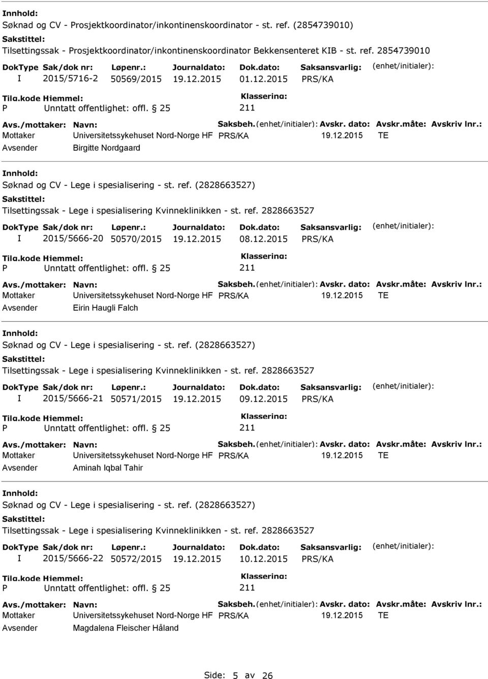 2015 Mottaker niversitetssykehuset Nord-Norge HF TE Birgitte Nordgaard 2015/5666-20 50570/2015 08.12.